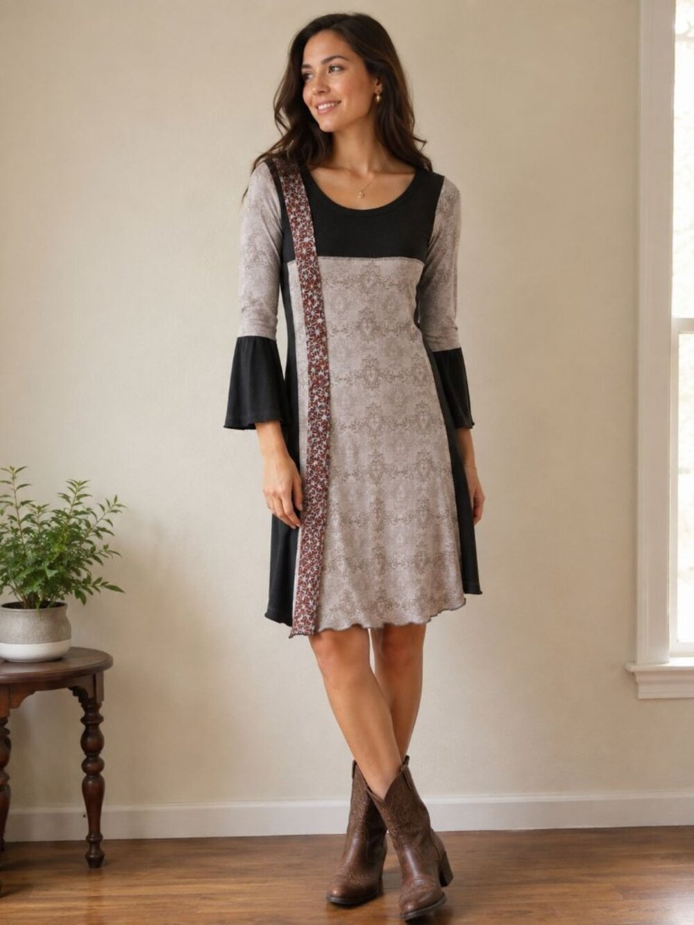 Ian Mosh Mixed Material Fitted Maxi Hi-Low Tieback Dress, Sz Small
